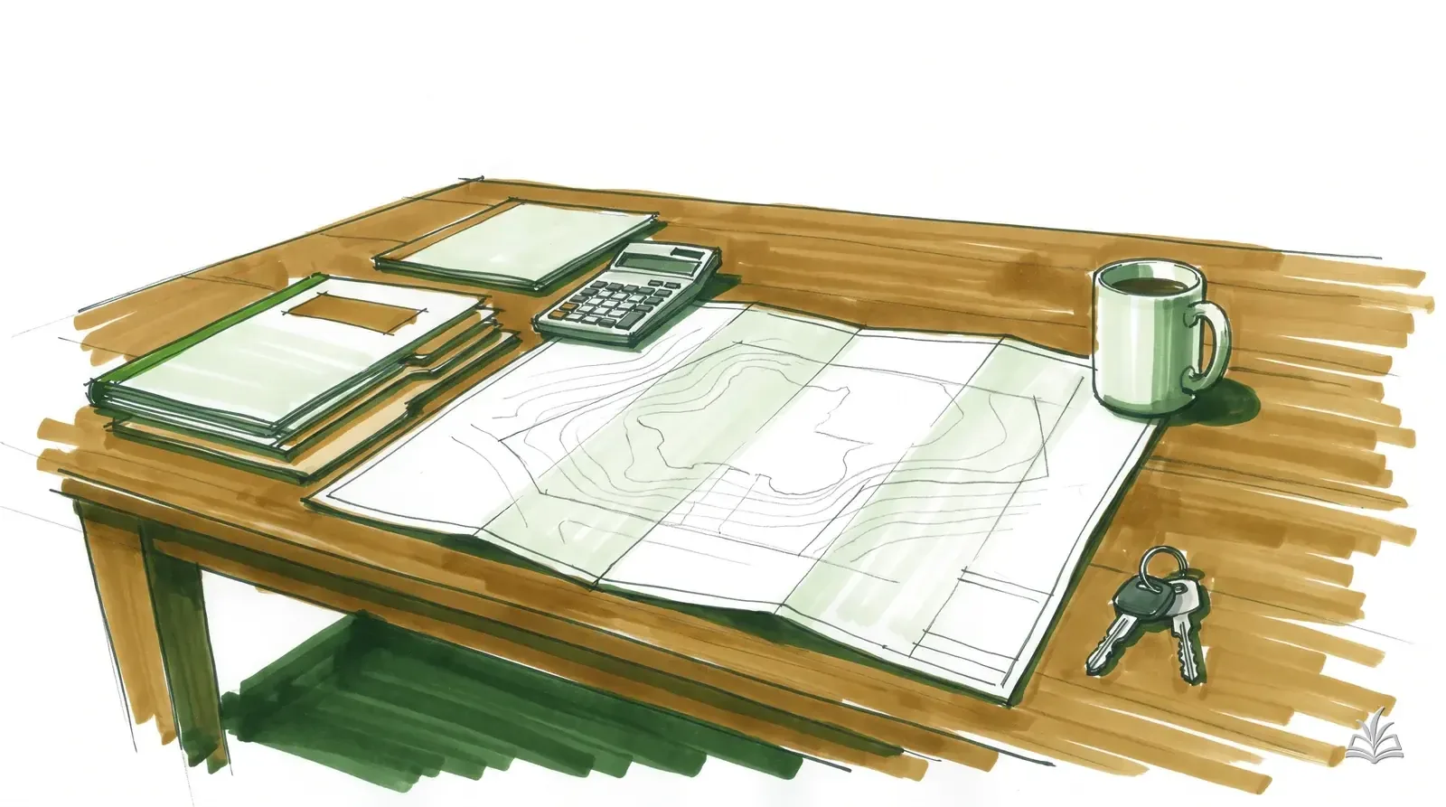 Marker rendering of a kitchen-table office with folders, calculator and truck keys