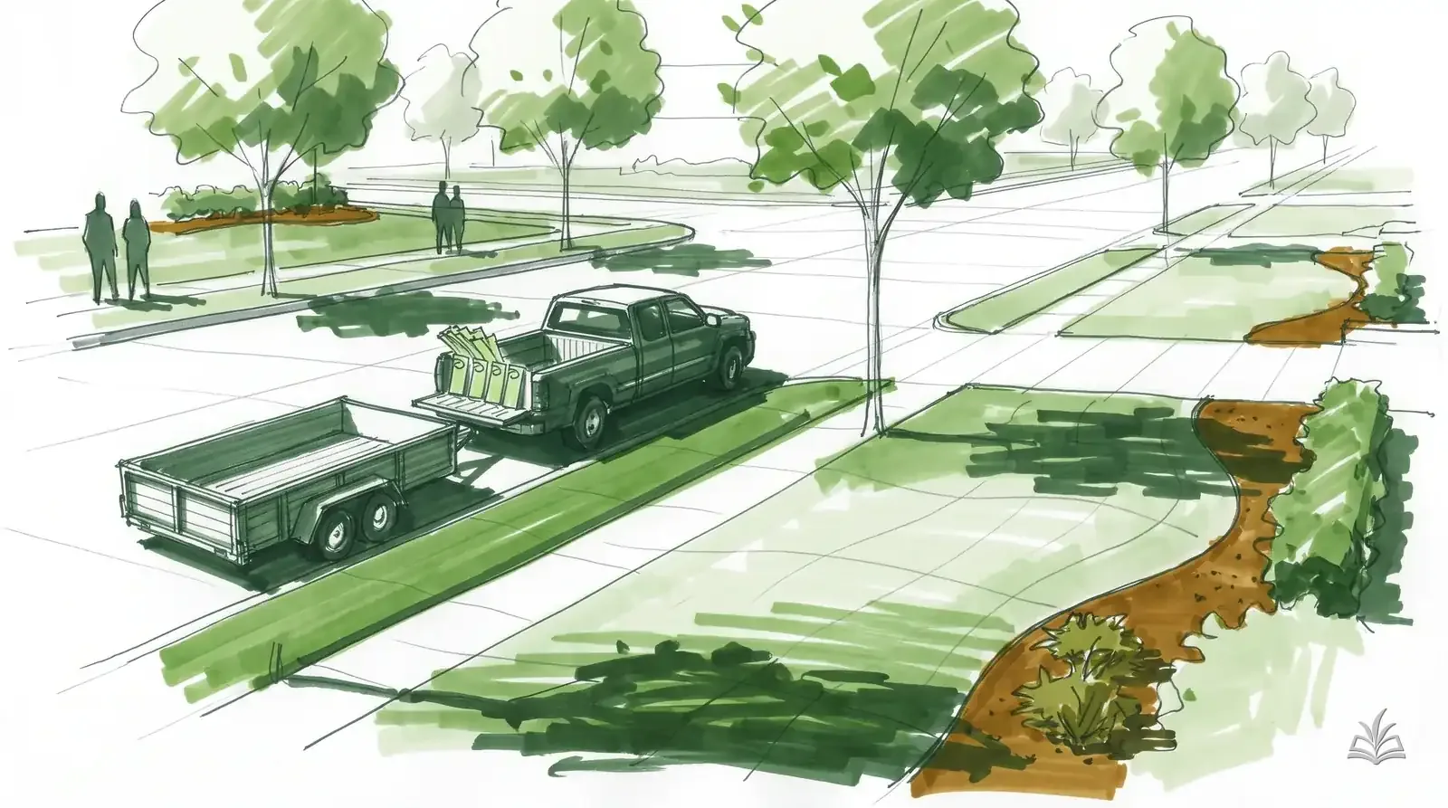 Marker rendering of a suburban street with a work truck and blank door hangers