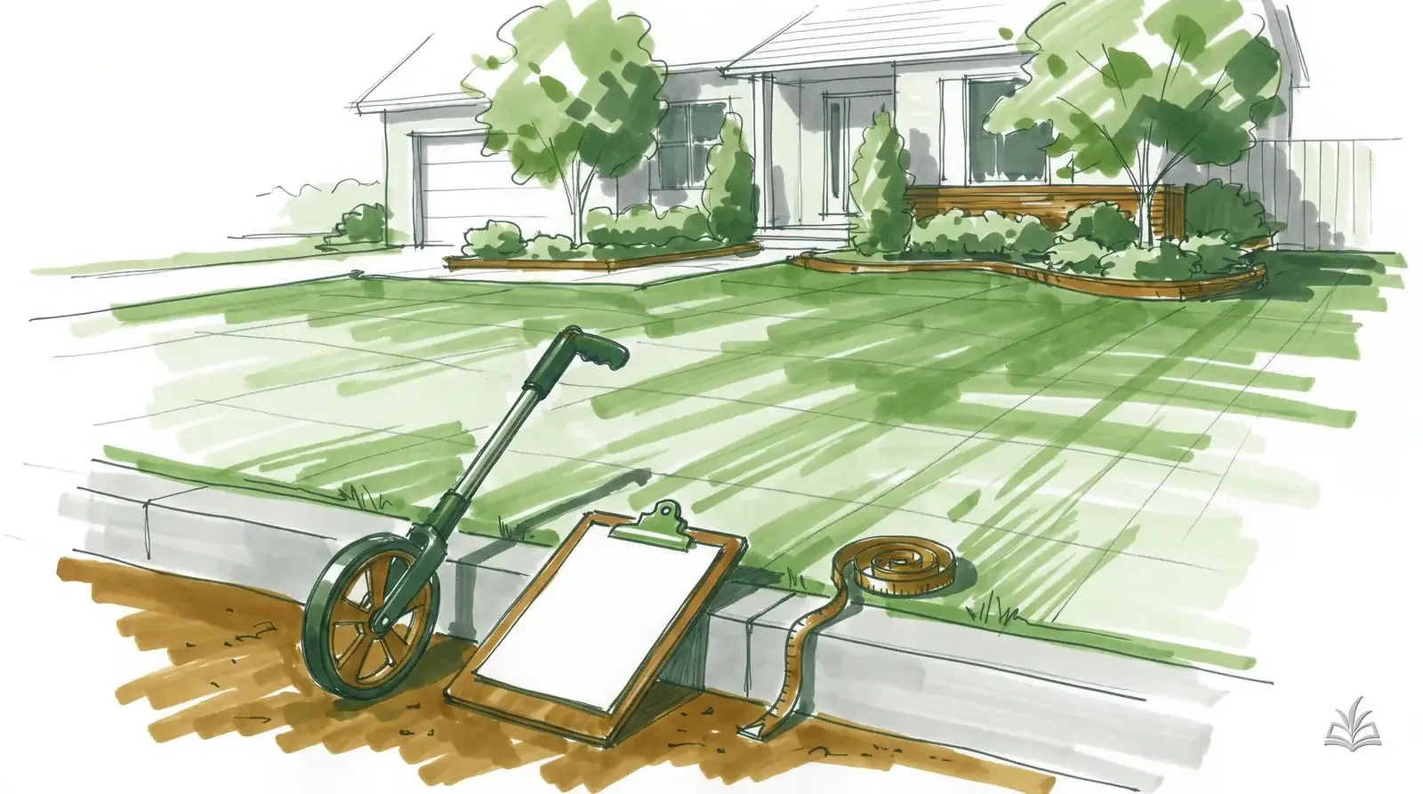 Marker rendering of a measuring wheel, clipboard and tape at a front lawn curb