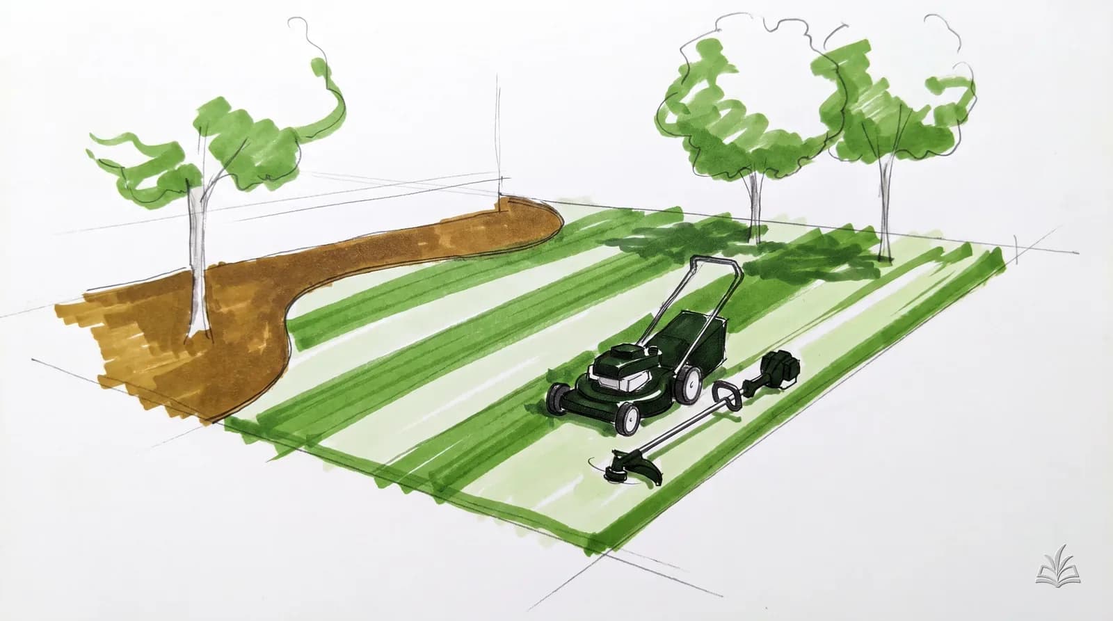 Marker rendering of a front yard mid-service with a mower and trimmer on a striped lawn