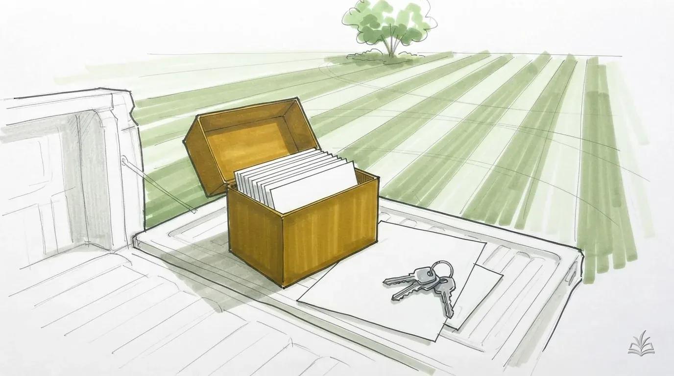 Marker rendering of a card-file box of index cards beside a hand-drawn route sheet on a truck tailgate
