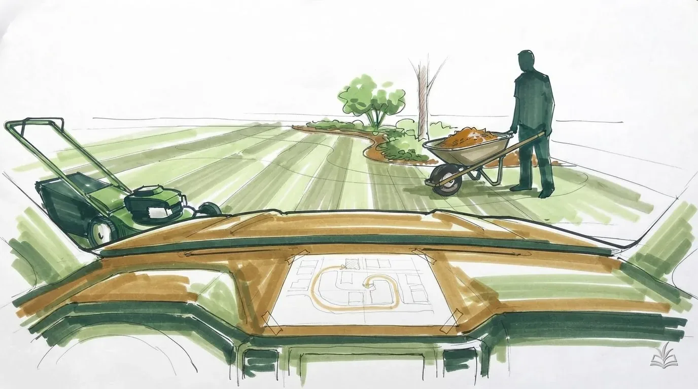 Marker rendering of a hand-drawn route sketch taped to a pickup dashboard, a mown lawn beyond