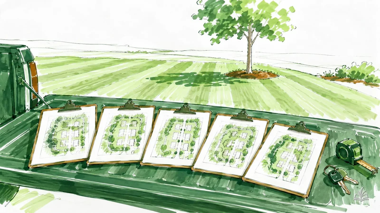 Marker rendering of five clipboards with different route sketches fanned out on a truck tailgate, a mown lawn beyond