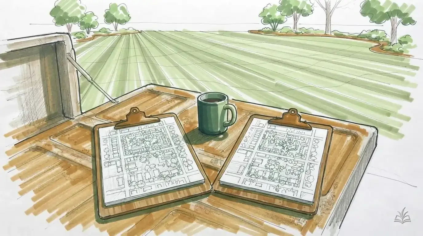 Marker rendering of two clipboards with hand-drawn route sketches side by side on a truck tailgate