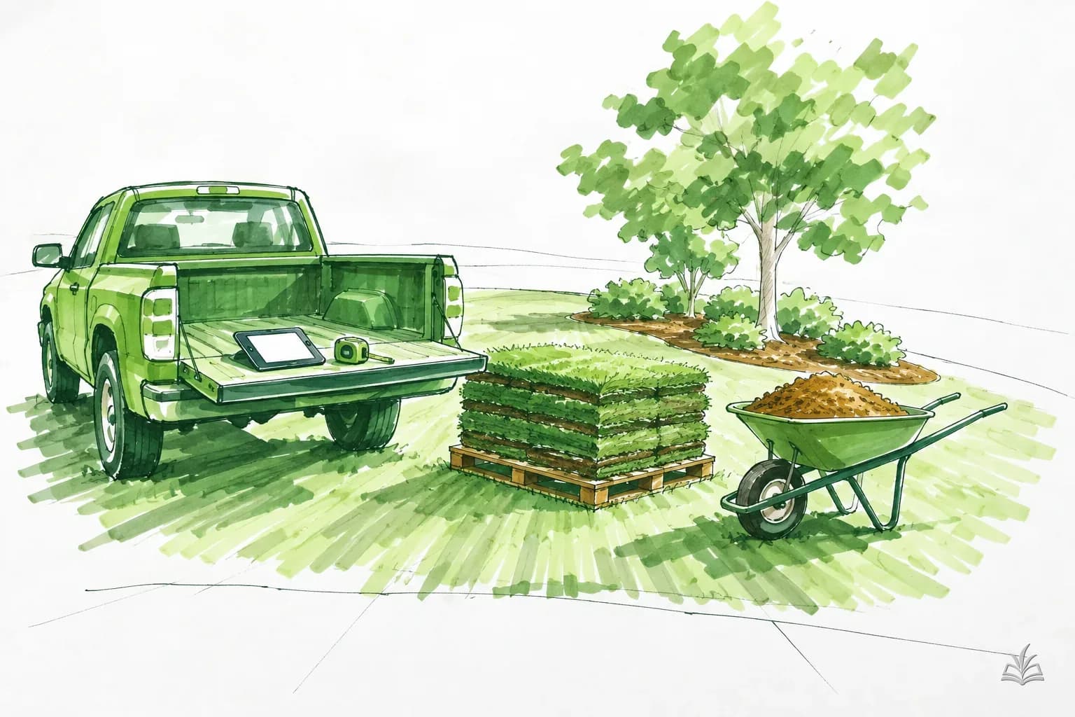 Marker vignette of a tablet with a blank screen on a truck tailgate beside a pallet of sod and a wheelbarrow of mulch
