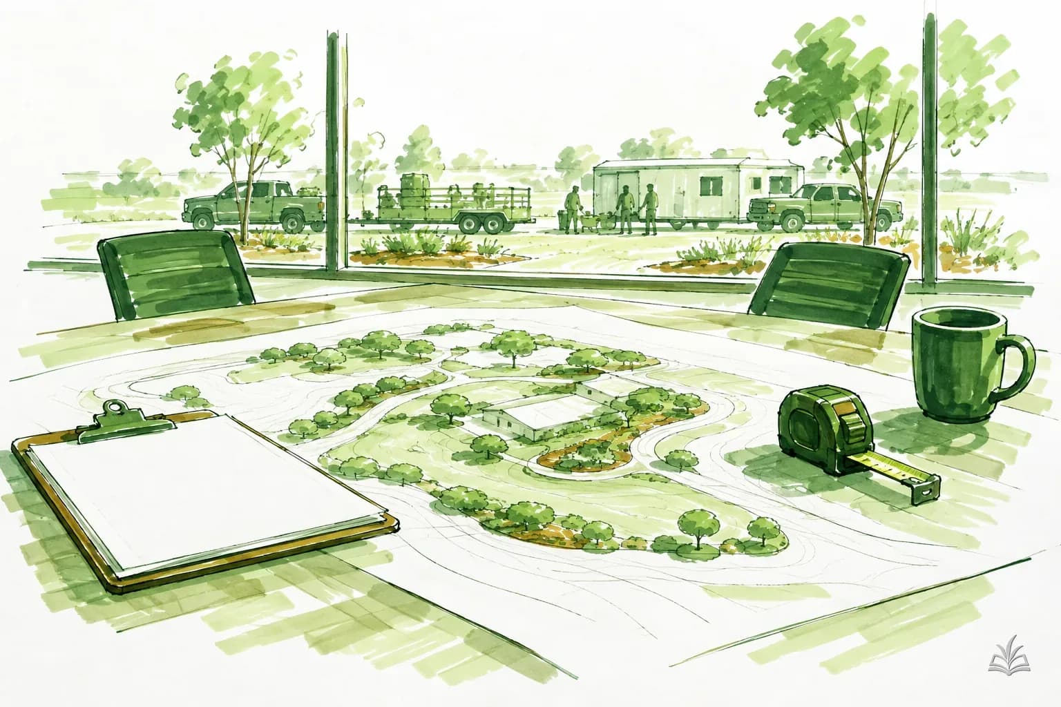 Marker vignette of an office table with a site plan, a clipboard of blank sheets and a tape measure, the equipment yard through the window