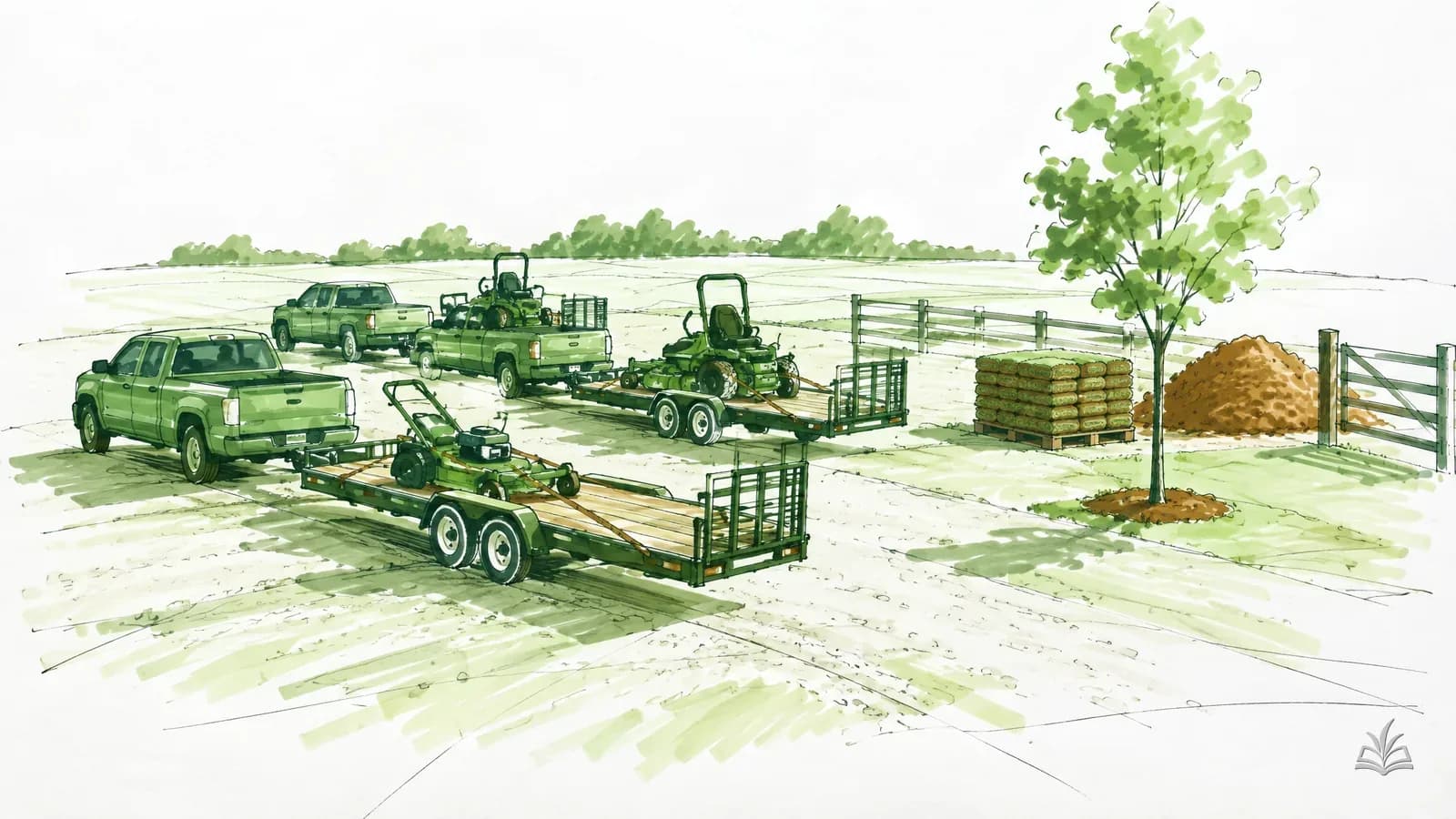 Marker rendering of a landscape company yard at dawn with crew trucks, trailers and mowers lined up for the day