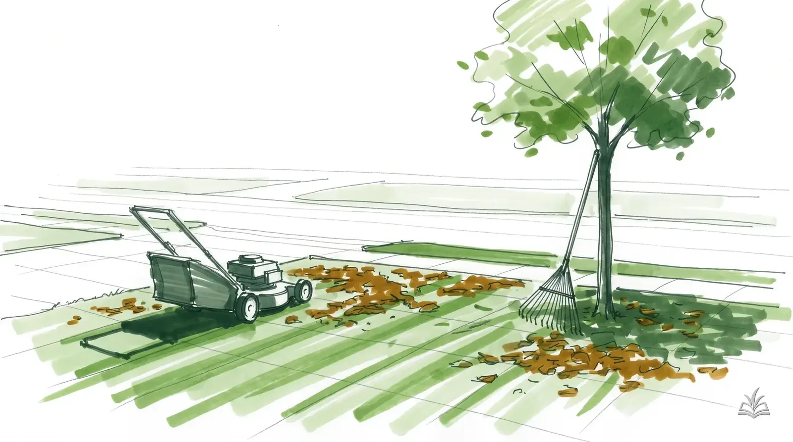 Marker rendering of an autumn lawn with leaf drifts, a bagging mower and a rake
