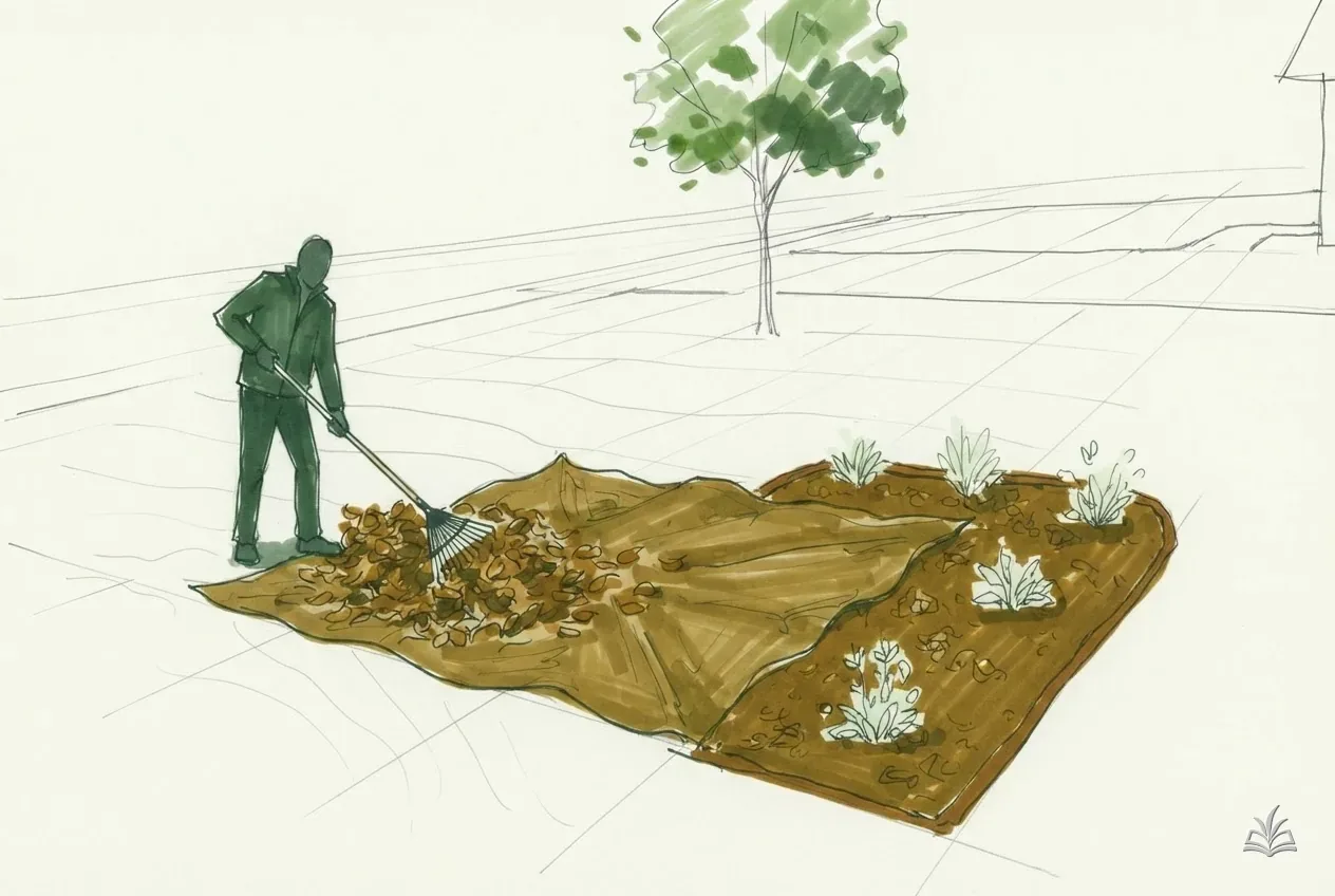 Marker vignette of a rake pulling leaves onto a tarp beside a bed