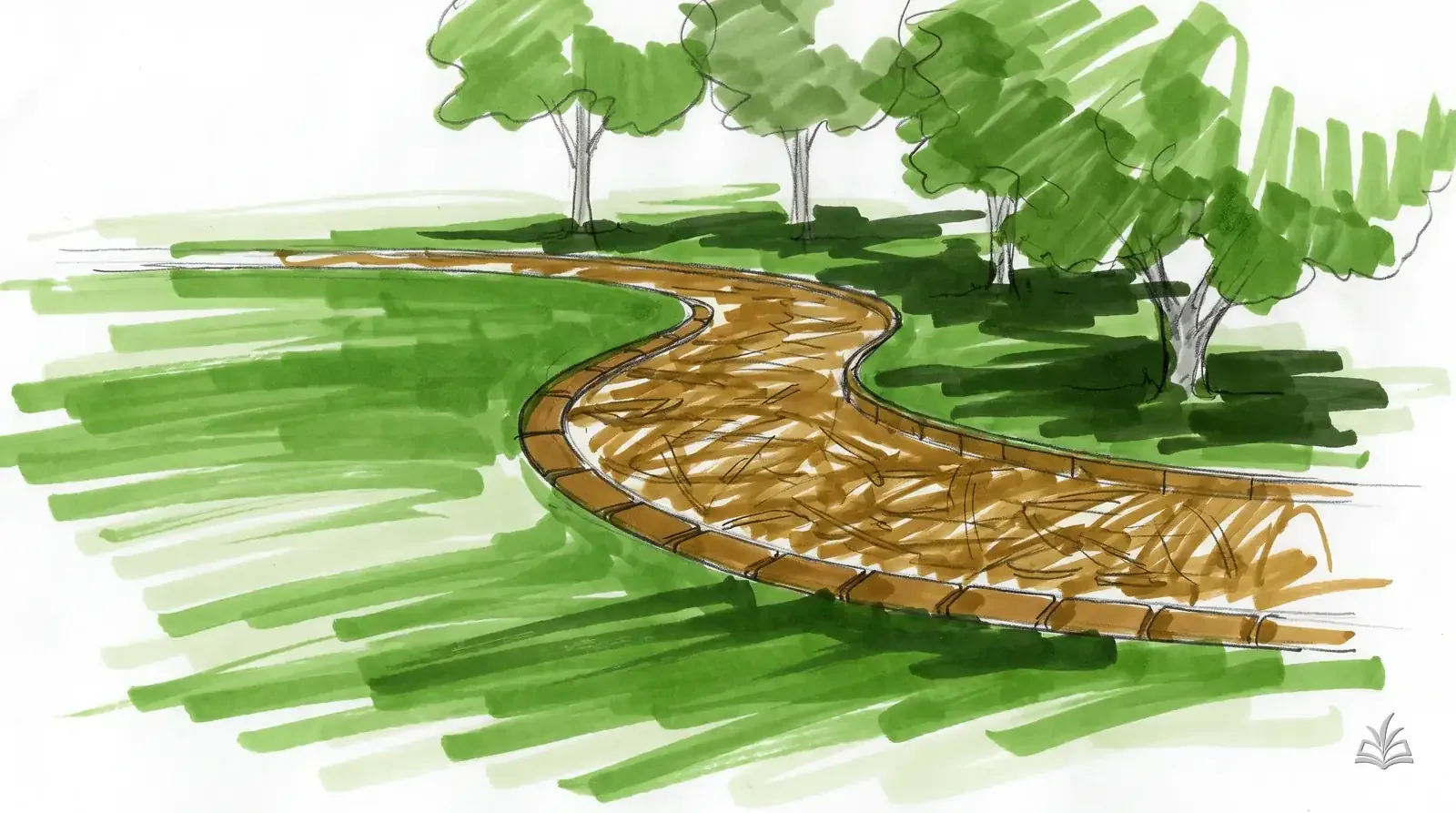 Marker rendering of a curved bed with a cut edge, brick edging and mulch