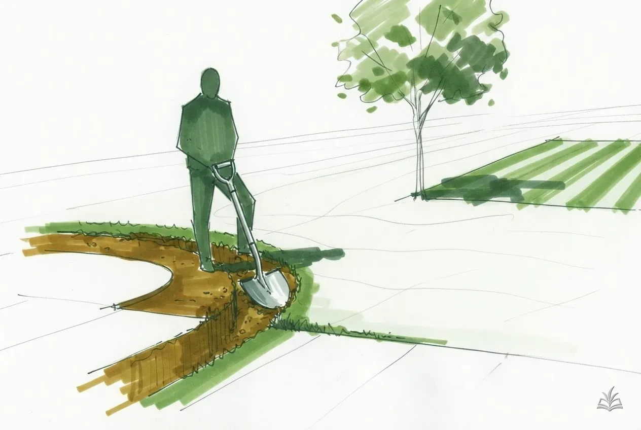 Marker vignette of a half-moon edger cutting a trench along a bed
