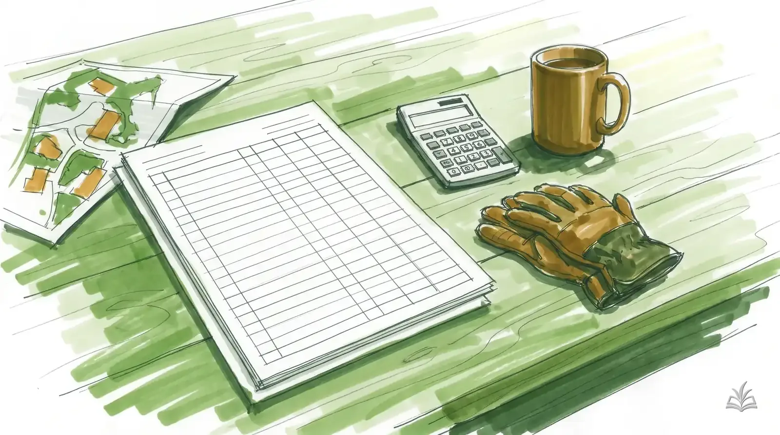 Marker rendering of a kitchen table with a ledger sheet, calculator and work gloves