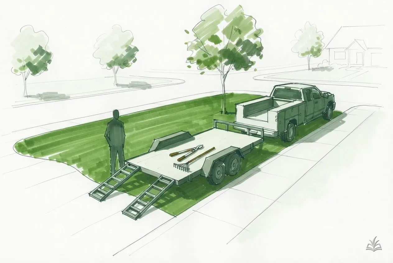 Marker vignette of a crew truck and trailer parked at a curb