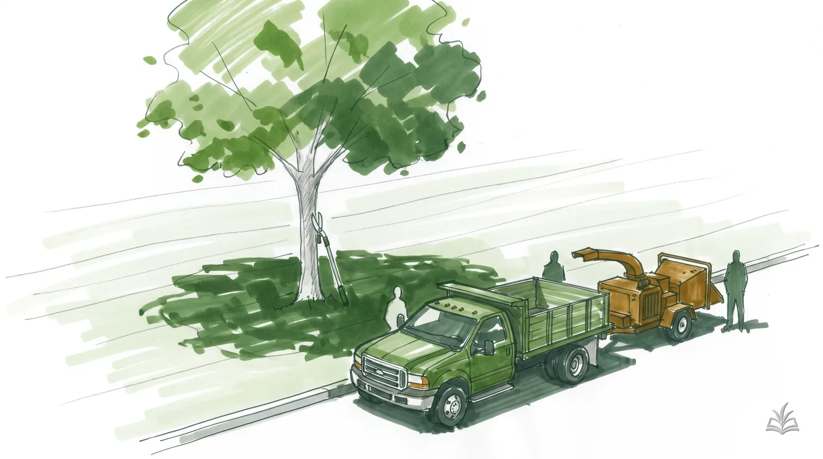 Marker rendering of a shade tree with a crew truck, chipper and pole pruner