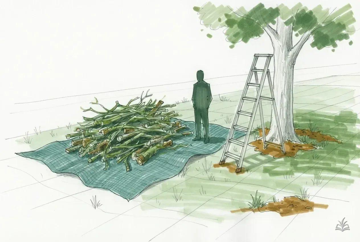 Marker vignette of cut branches on a tarp beside a ladder at a tree