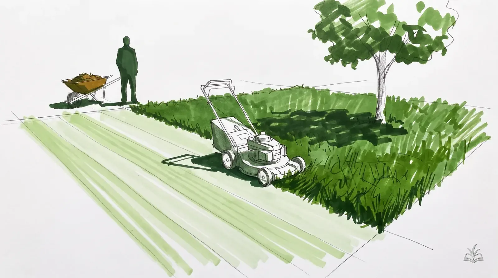 Marker rendering of a lawn half mown with a walk-behind mower on the cut line