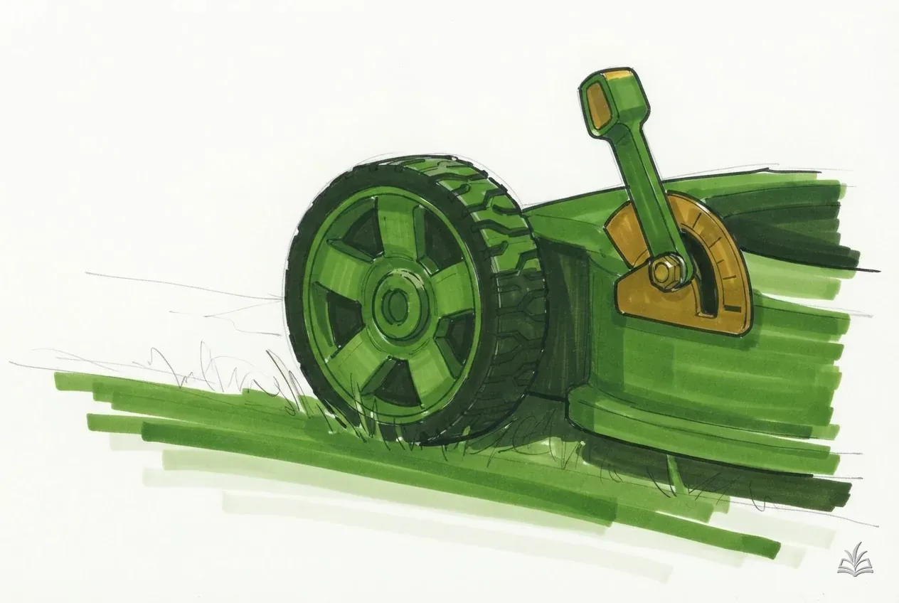 Marker vignette of a mower wheel and cutting-height lever over grass