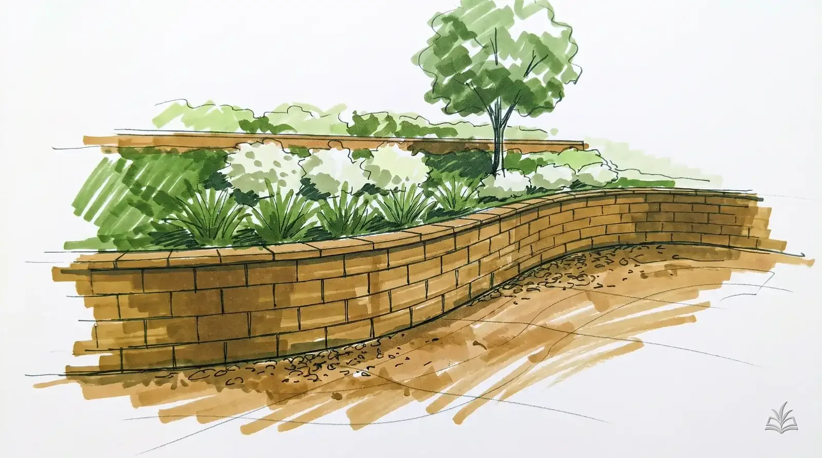 Marker rendering of a concrete-block retaining wall curving along a slope