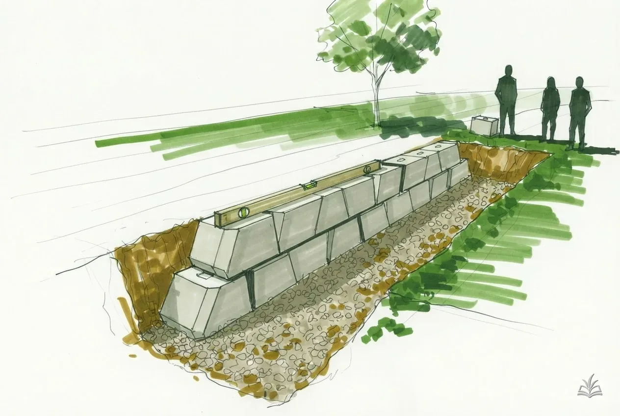 Marker vignette of the first block course on a gravel base with a level