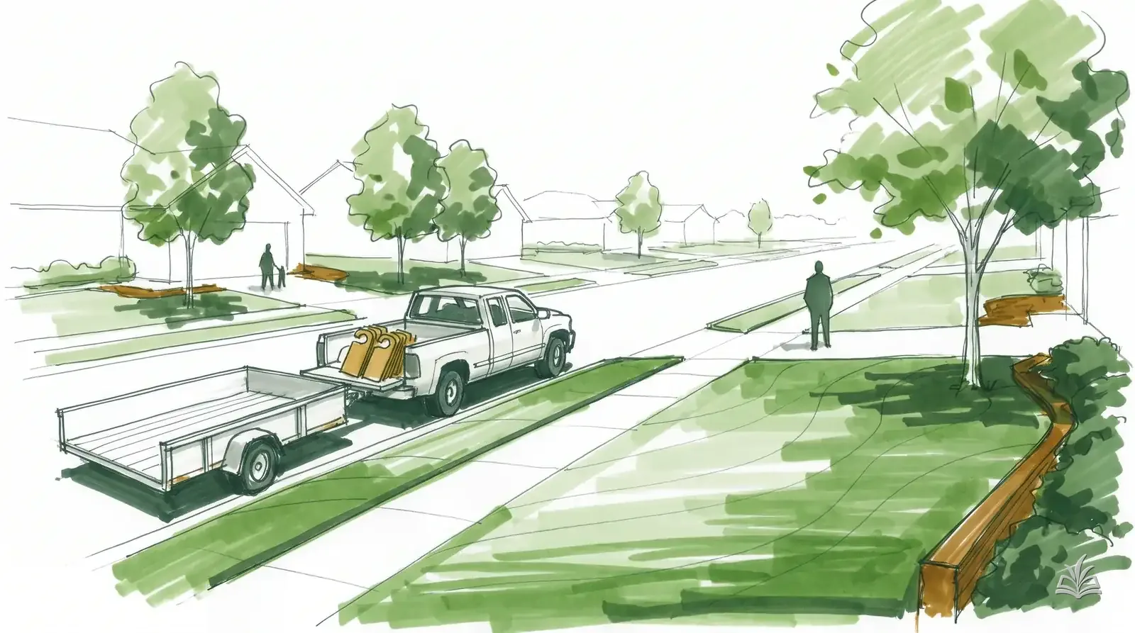 Marker rendering of a suburban street with a work truck and blank door hangers
