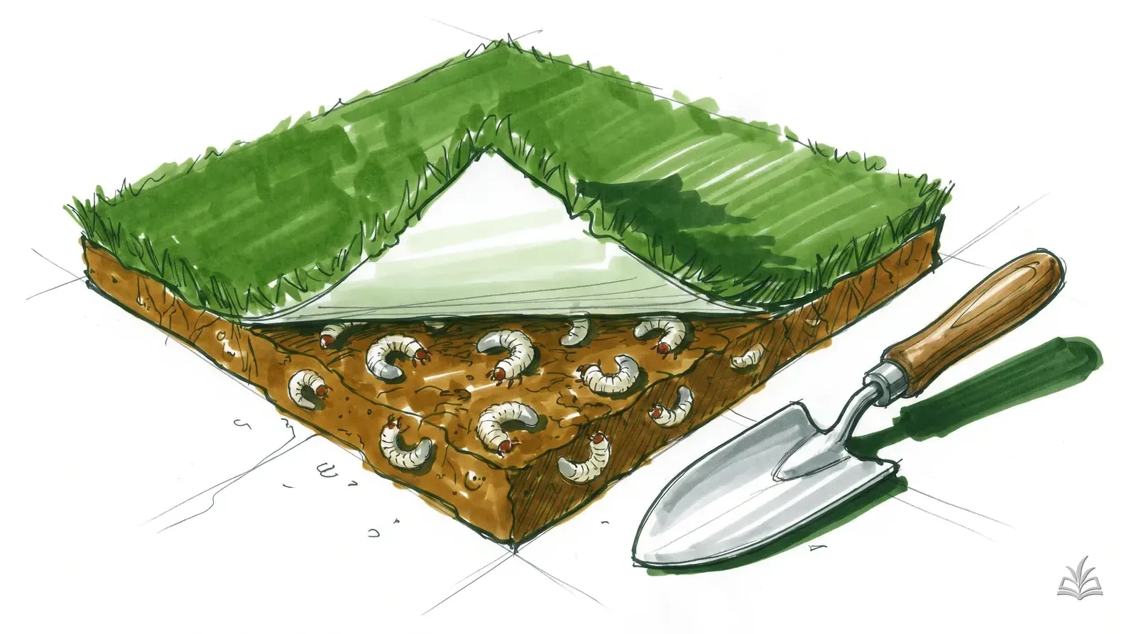 Marker rendering of turf peeled back showing grubs in the root zone