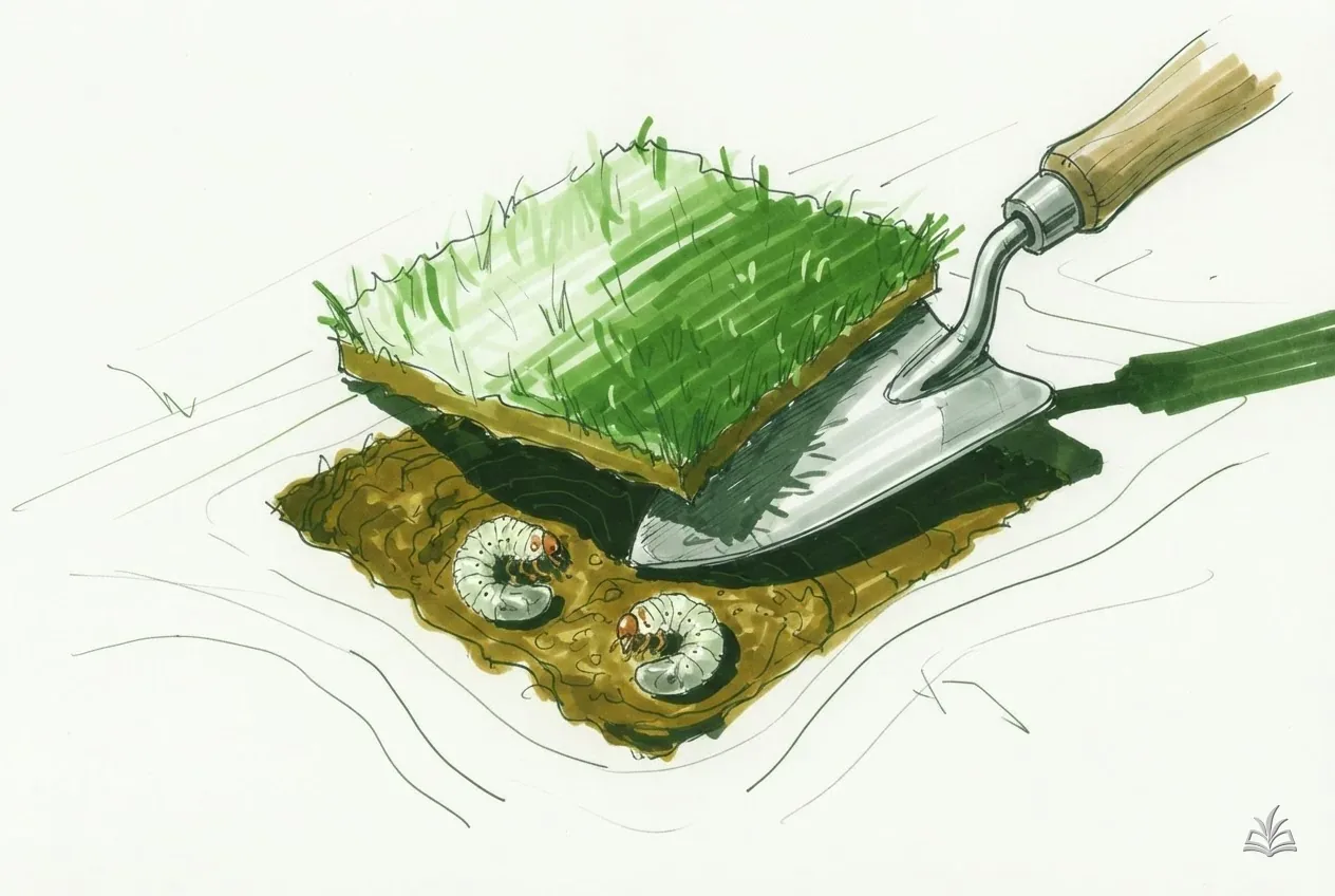 Marker vignette of a trowel lifting turf with grubs in the soil