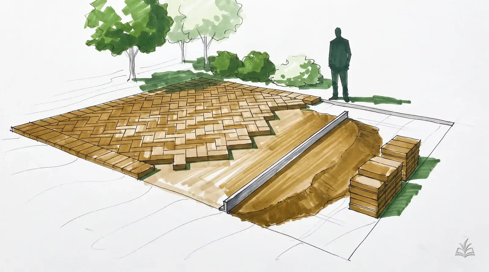 Marker rendering of a half-laid herringbone paver patio with bedding sand