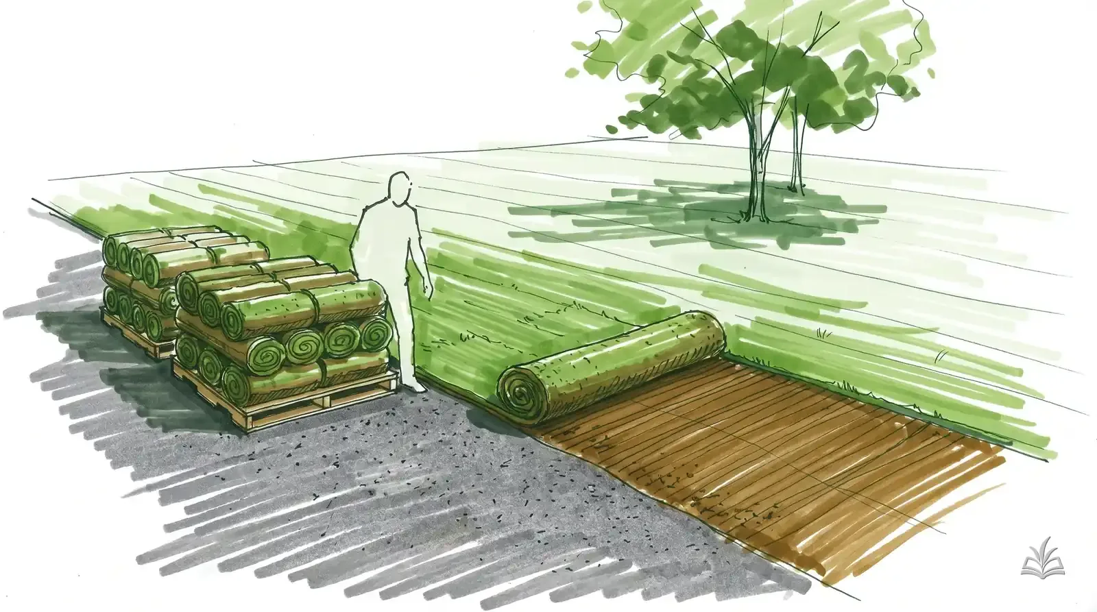 Marker rendering of sod pallets beside a raked bed with one roll unrolled