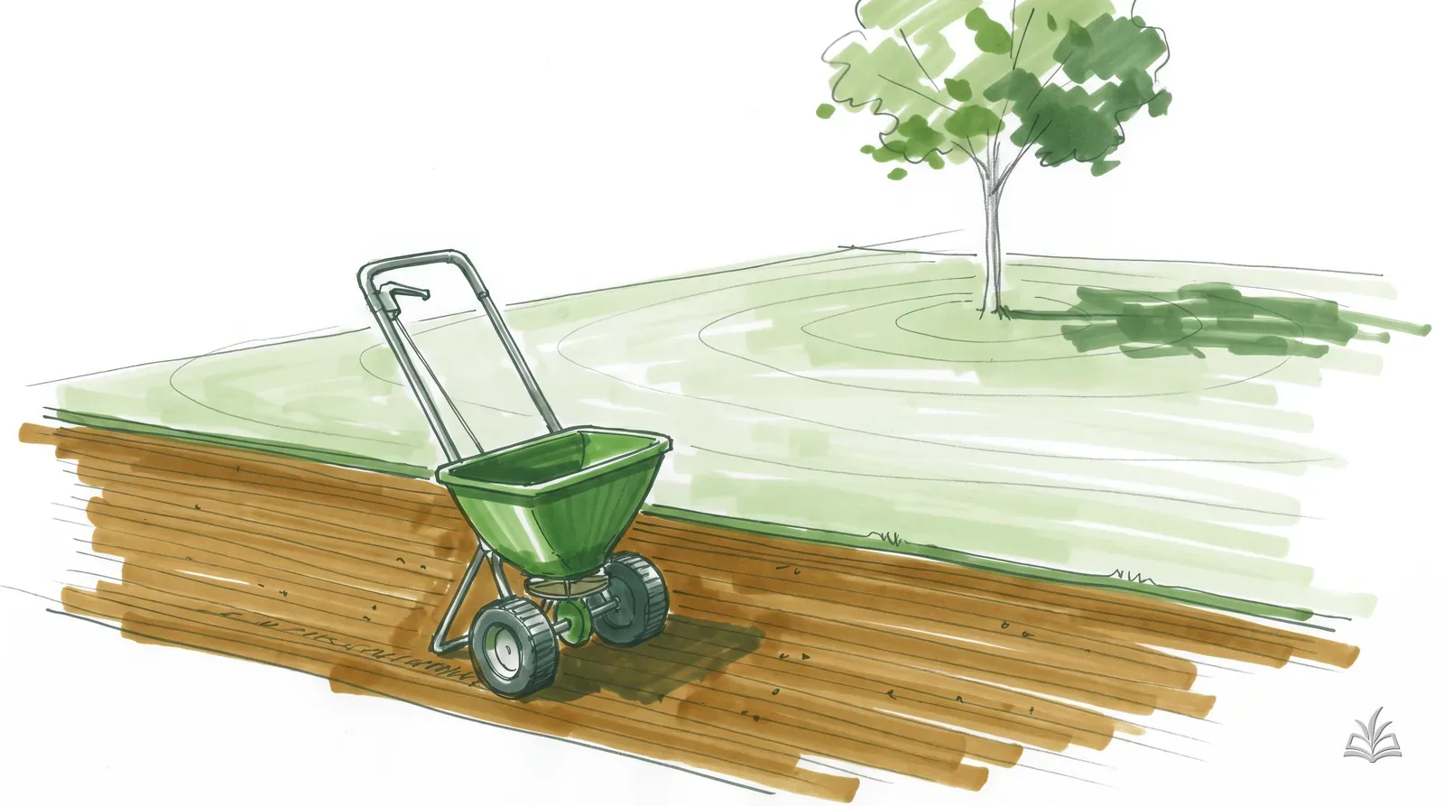 Marker rendering of a raked seedbed with a broadcast spreader at its edge