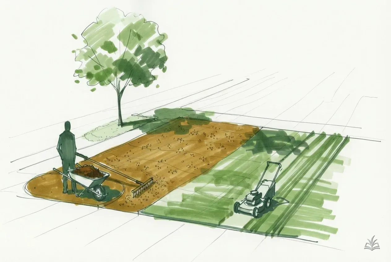 Marker vignette of a rake levelling topsoil with seed scattered over it