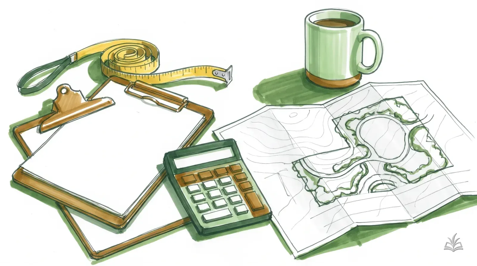 Marker rendering of a kitchen table with a tape measure, clipboard, calculator and site plan