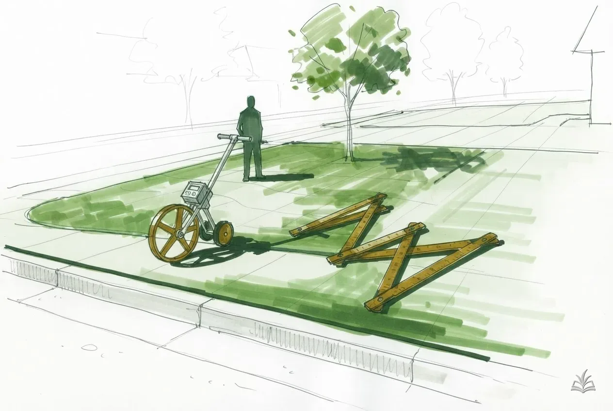 Marker vignette of a measuring wheel and folding rule on a front lawn