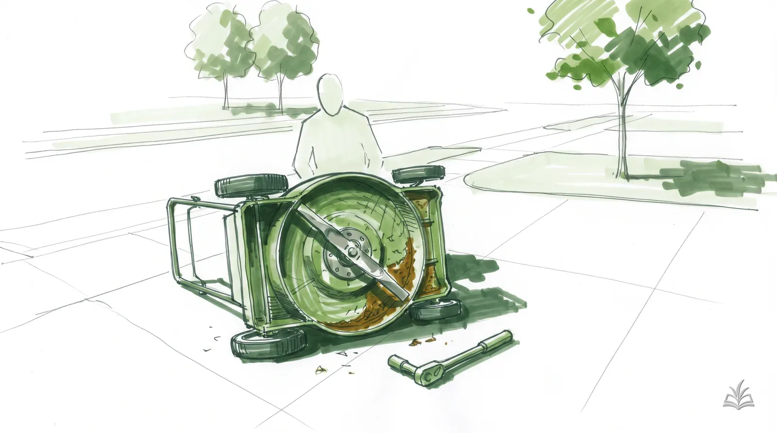 Marker rendering of a mower tipped on its side with the blade exposed