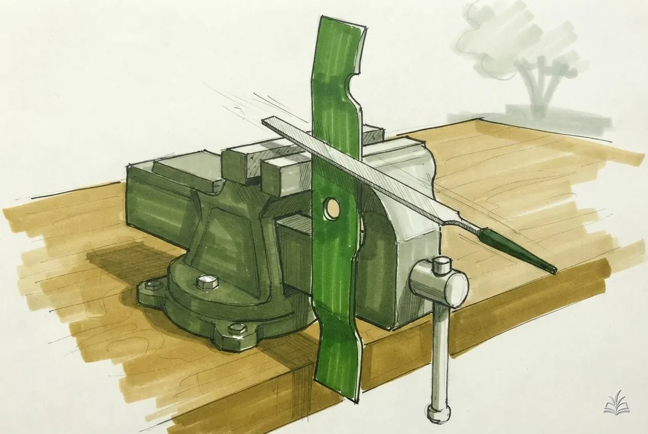 Marker vignette of a mower blade clamped upright in a bench vise while a mill file is drawn along its edge