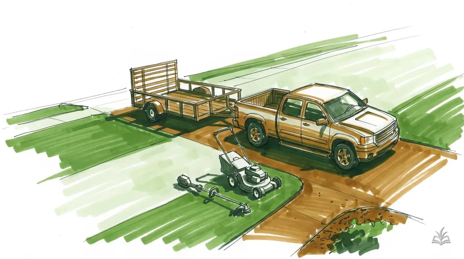 Marker rendering of a truck, trailer, mower and trimmer staged on a driveway