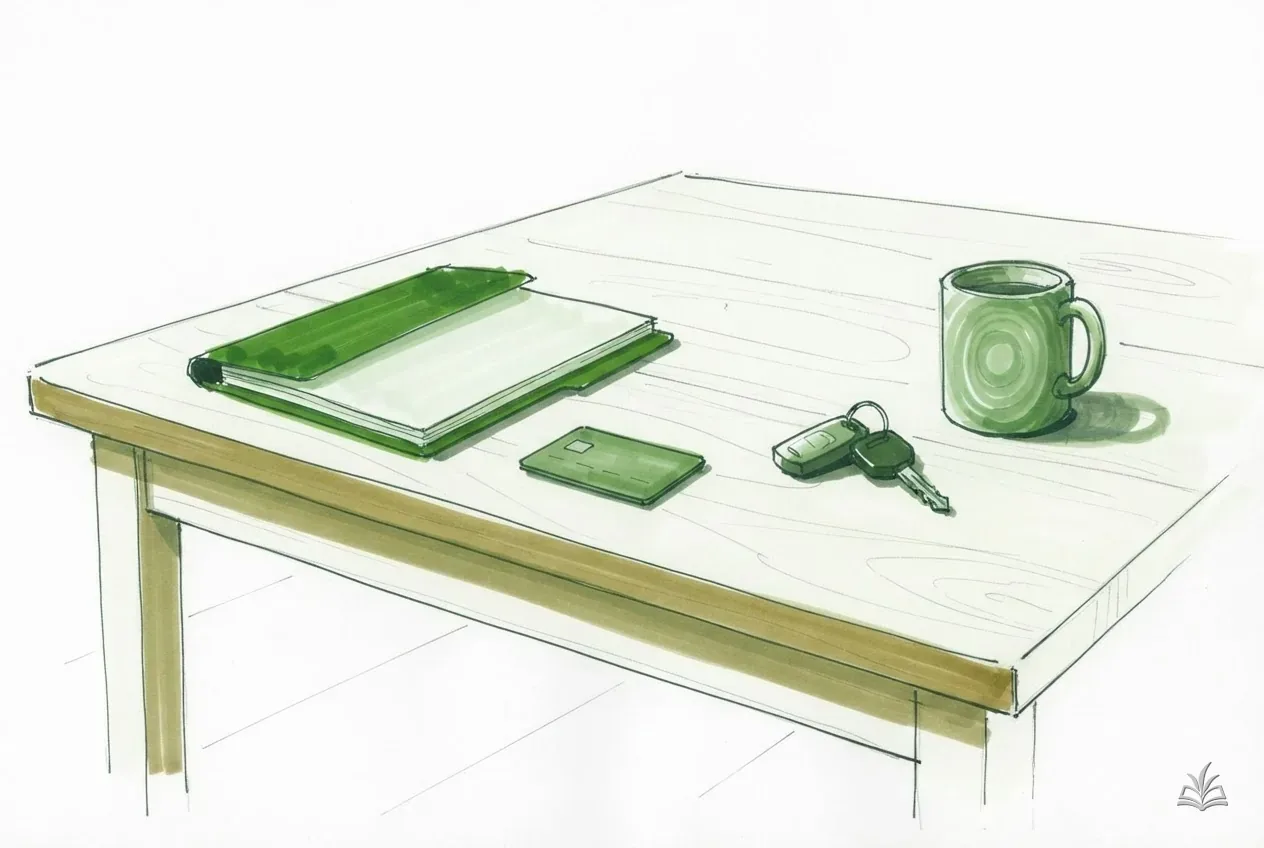 Marker vignette of a kitchen table with a folder, bank card and truck keys