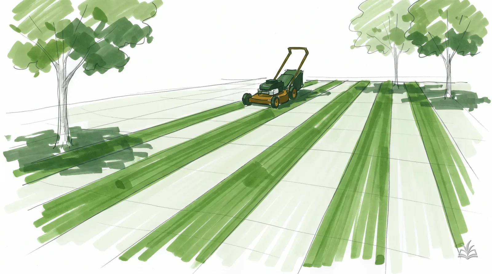 Marker rendering of a lawn mown into alternating light and dark stripes