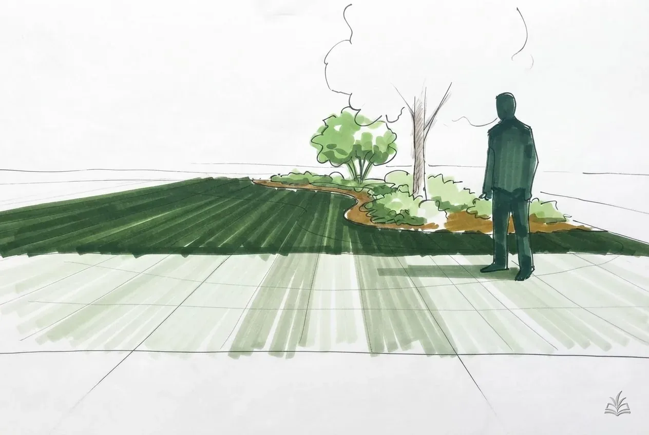Marker rendering across two mowing passes: the pass bent away reads pale, the pass bent toward the viewer reads dark