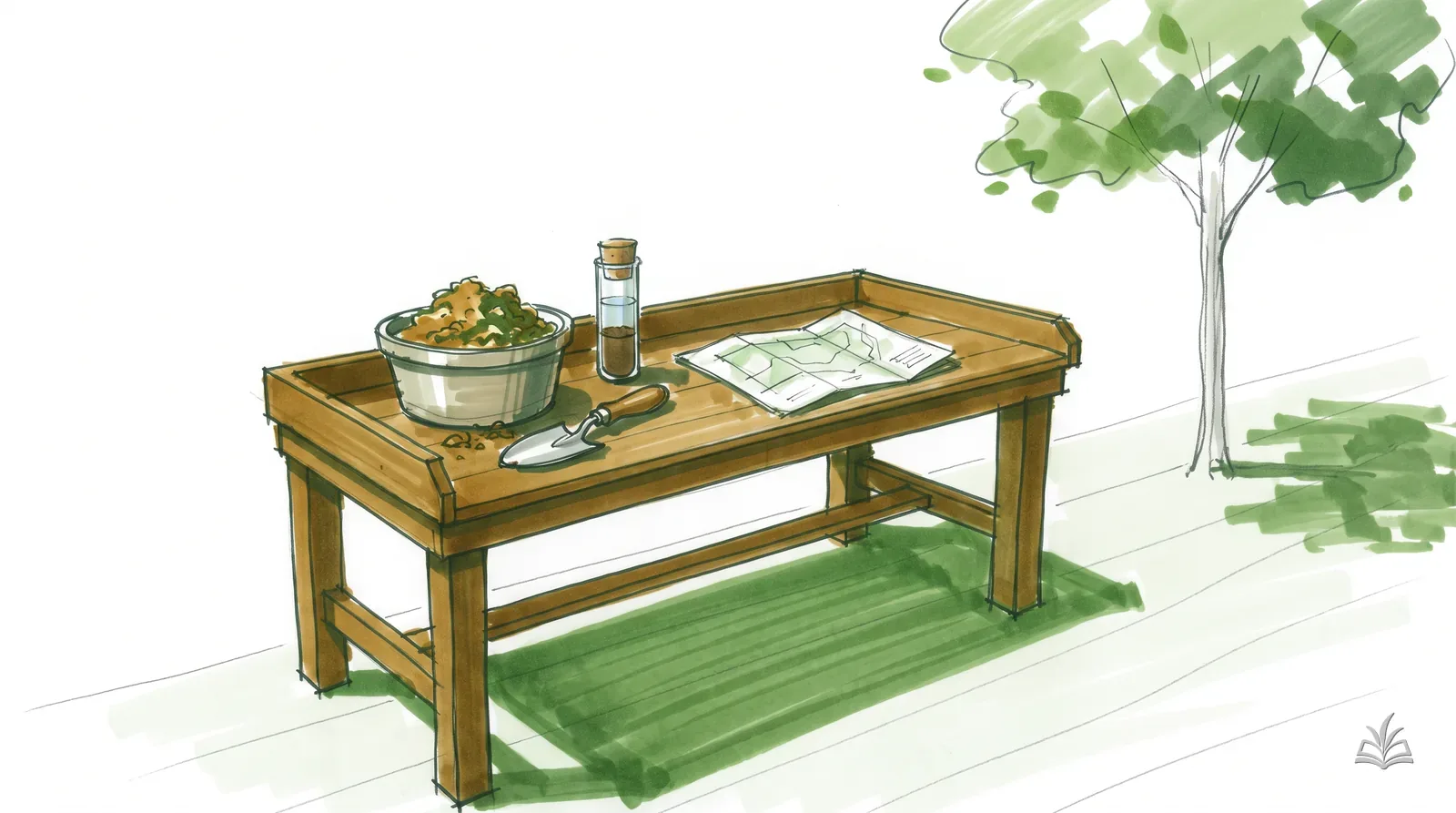 Marker rendering of a potting bench with a soil sample, trowel and test vial