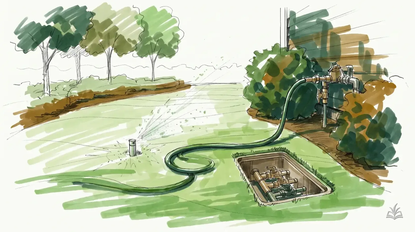 Marker rendering of a sprinkler system being blown out: compressor hose at the backflow, mist spitting from one head, open valve box in the turf