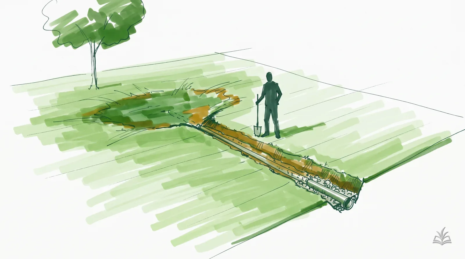 Marker rendering of a wet hollow in a lawn with a gravel drainage trench