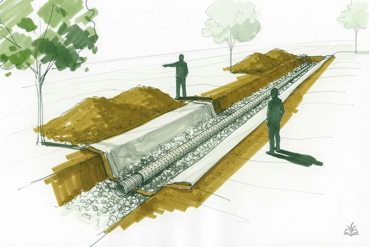 Marker vignette of perforated pipe bedded in gravel in a lined trench