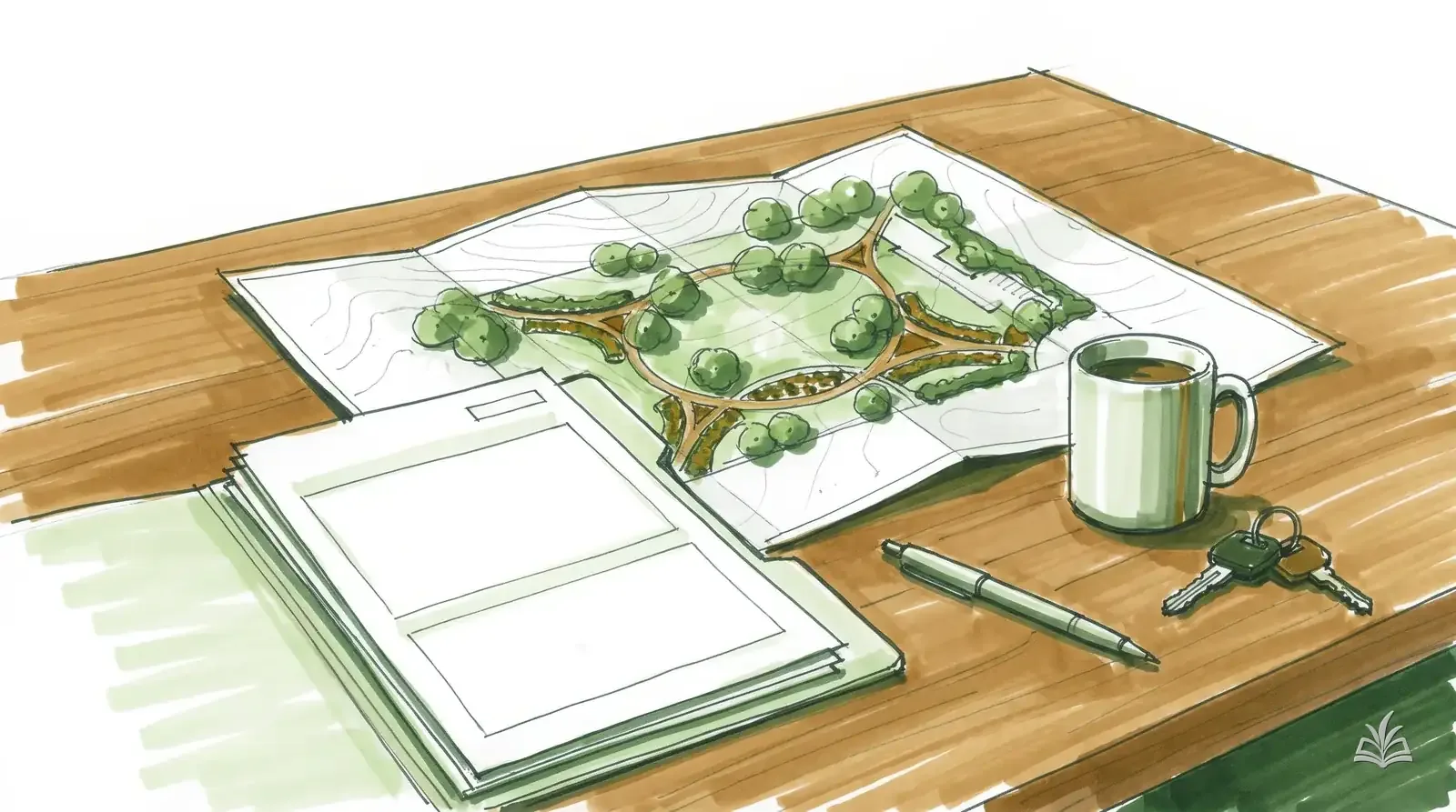 Marker rendering of a desk with a folder of blank forms, a pen and truck keys
