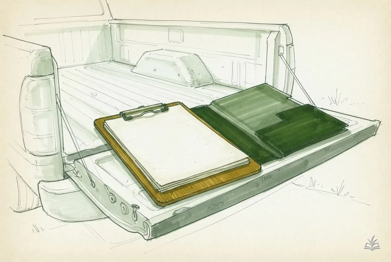 Marker vignette of a clipboard and folder on a truck tailgate