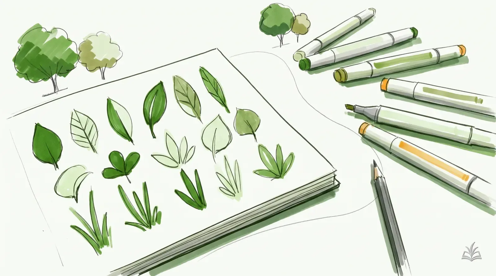 Marker rendering of a sketchbook of abstract leaf shapes with markers and a pencil