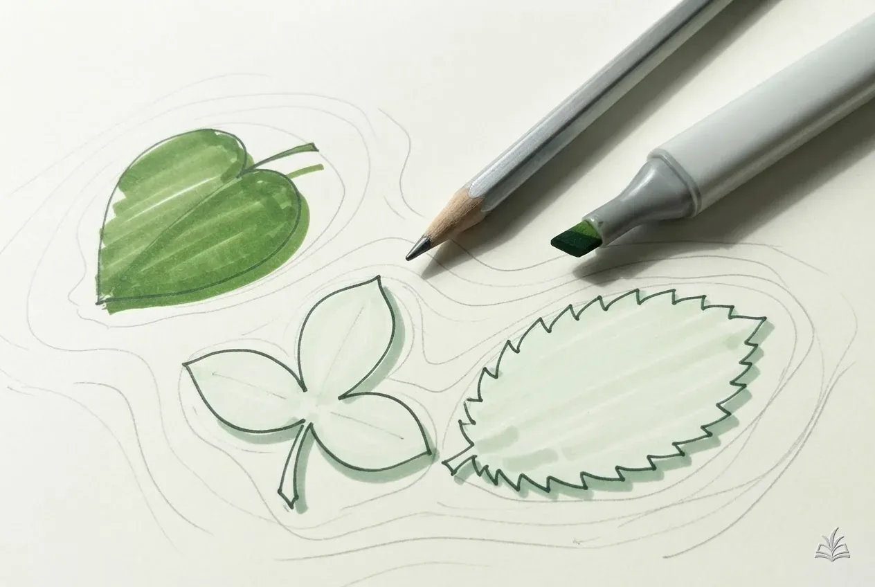 Marker vignette of three simple geometric leaf shapes drawn on trace paper