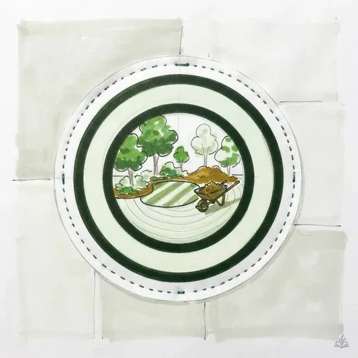 Marker vignette of a circular emblem stamped on a green work-shirt patch
