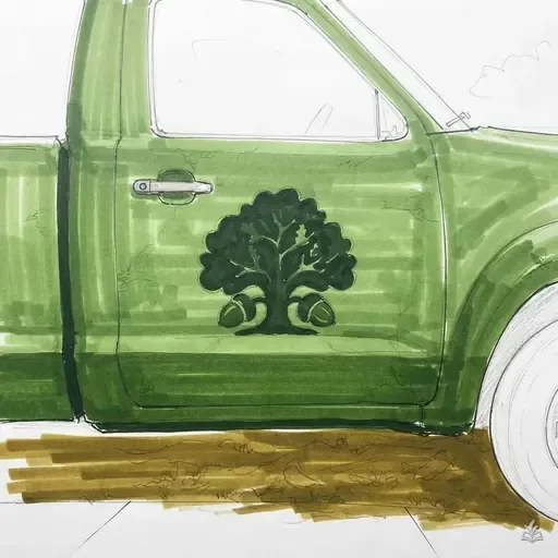 Marker vignette of an oak tree emblem painted on a truck door panel
