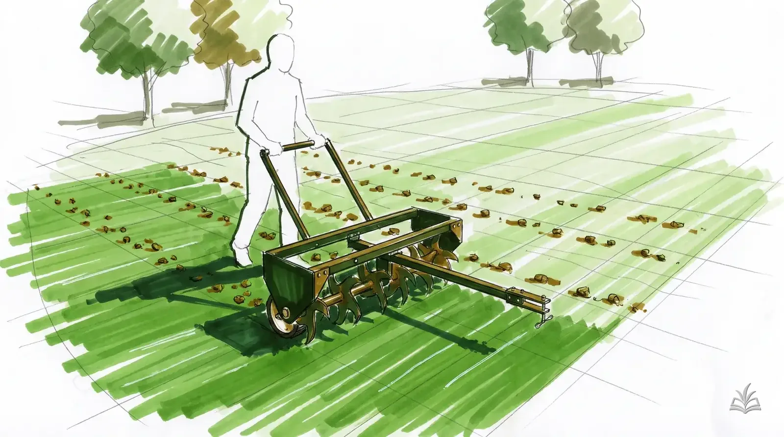 Marker rendering of a core aerator on a lawn with soil plugs behind it