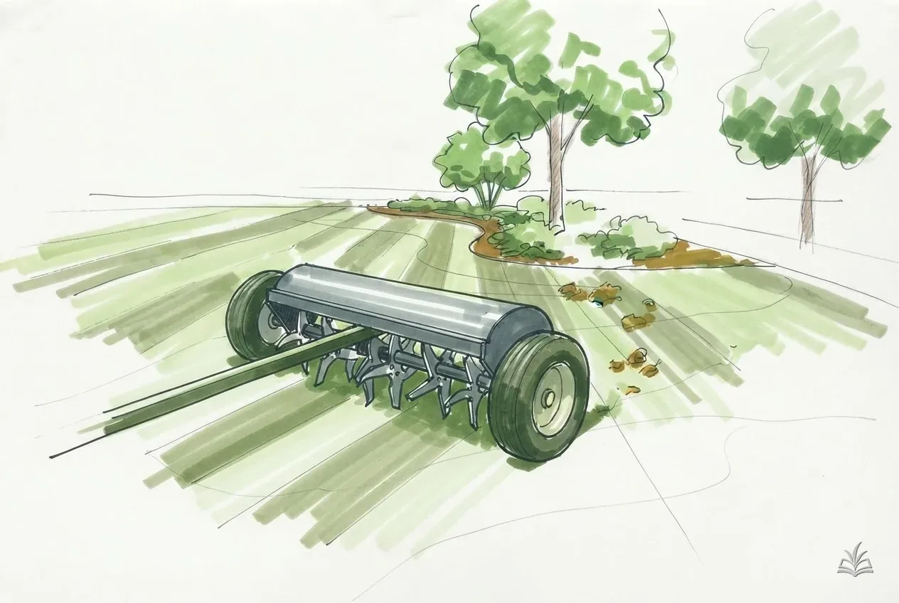 Marker rendering of a tow-behind core aerator on a striped lawn, soil plugs on the grass behind it